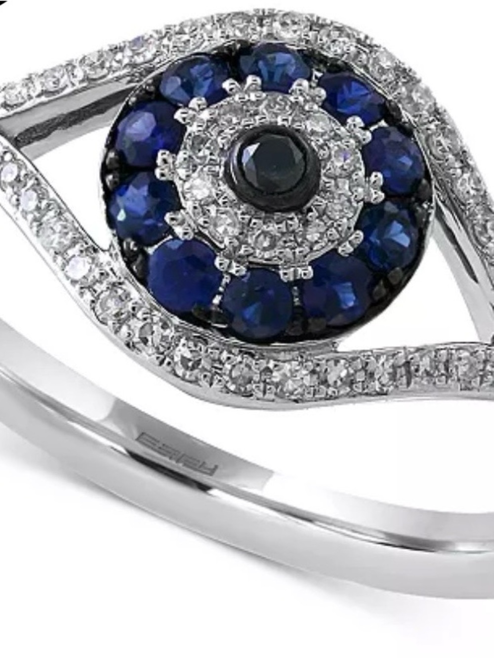EFFY White Gold Diamond and Blue Sapphire by Evil Eye Ring. Size 9